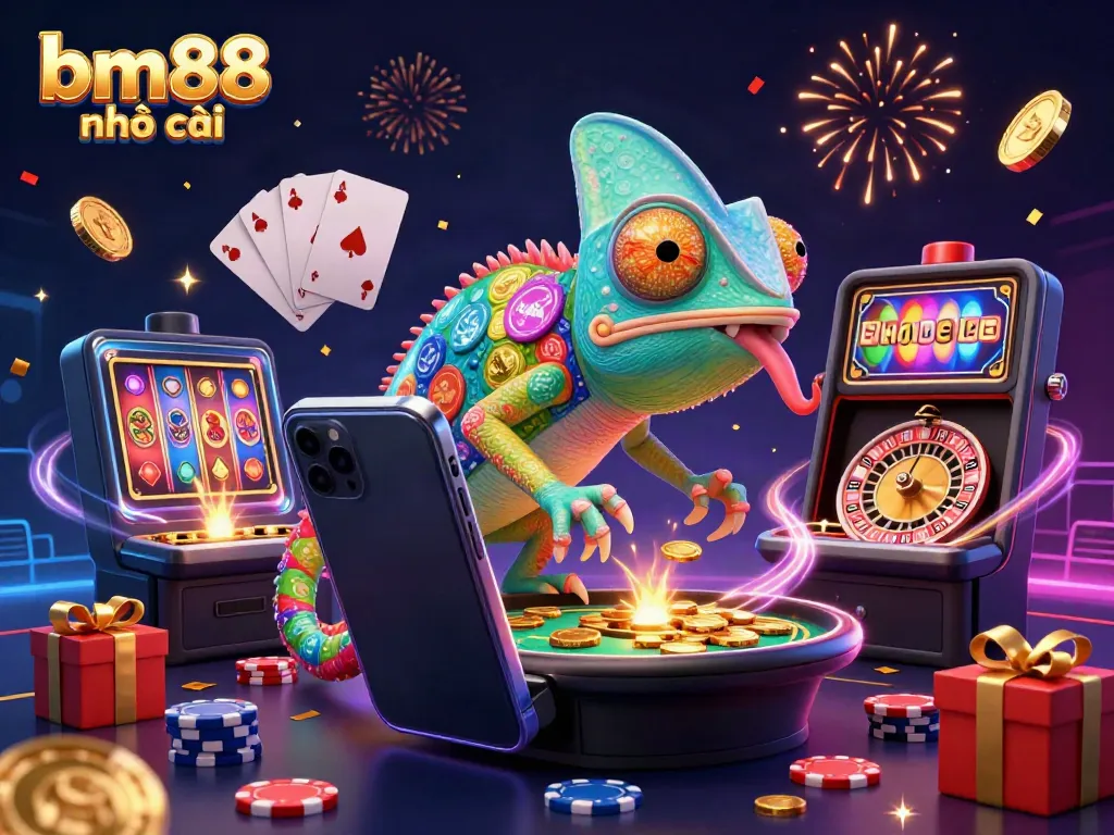 Engage with the vibrant world of bm88 nhà cái, where a chameleon casino owner captures golden coins amid lively slot games.