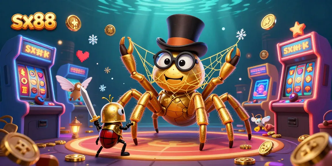 Engaging sx88 casino scene featuring a golden tarantula and beetle knight amidst vibrant slots.