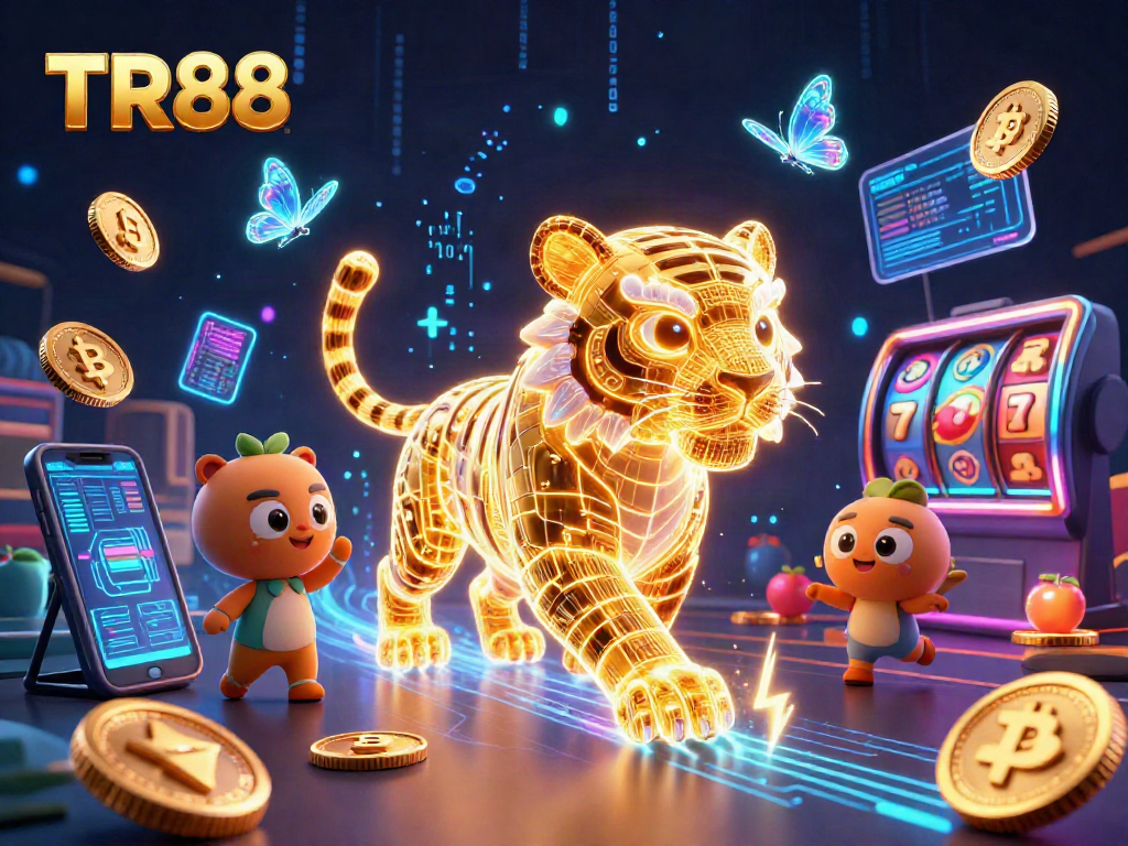 Play slots with TR88, featuring a neon-wireframe golden tiger and vibrant crypto elements.