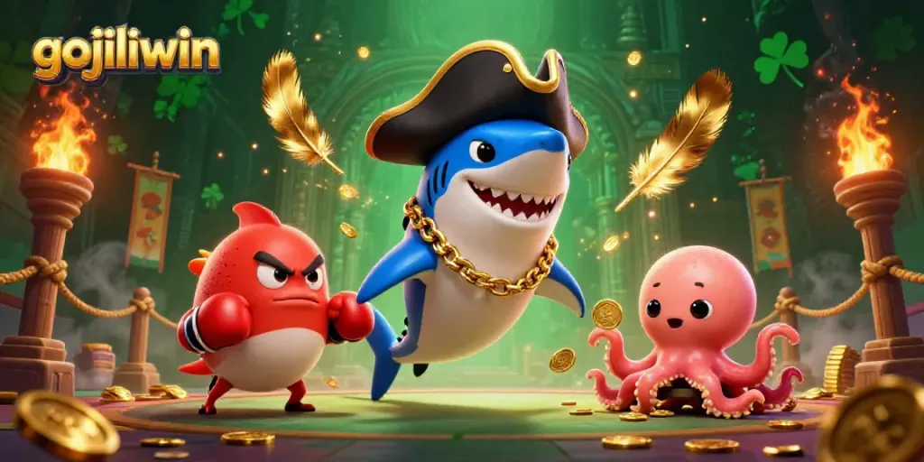 Capture thrilling moments at gojiliwin with a pirate shark, boxing pufferfish, and octopus amidst gold.