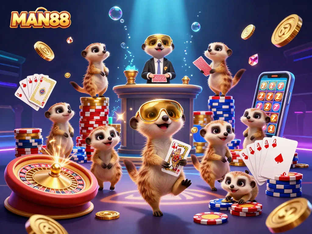 Experience the thrilling gaming scene at MAN88 with engaging meerkats managing a vibrant casino.