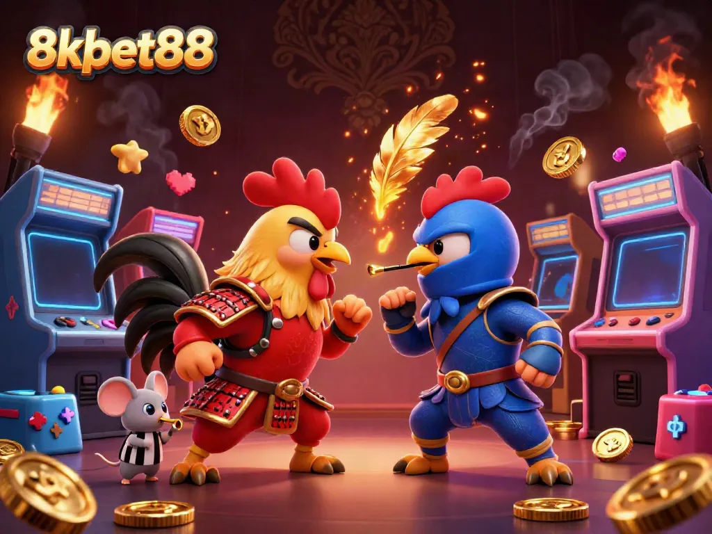 Engage in thrilling battles with 8xbet88, featuring 3D fighting roosters amidst vibrant casino elements.
