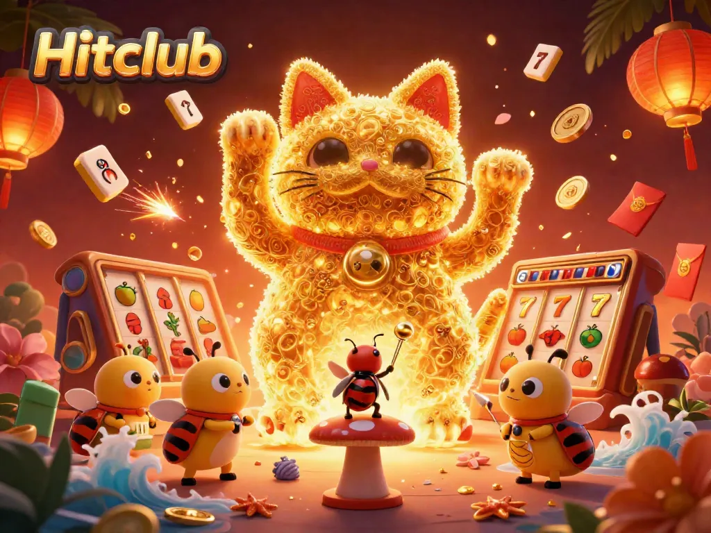 Hitclub features a vibrant 3D lucky cat surrounded by casino symbols, exemplifying fortune