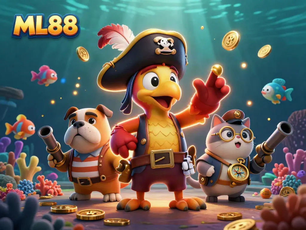 Engage with ML88's stunning underwater fish shooting experience featuring animated characters and gold coins.