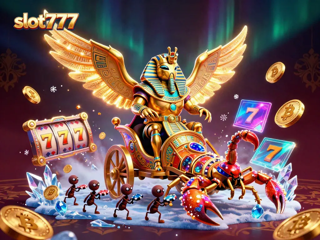 Experience the thrill of slot777 with a vibrant 3D illustration of a golden scarab, slot reels, and coins.