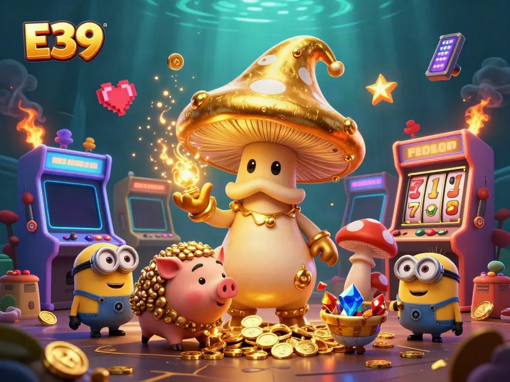 Spin the slots and win with the E39 wizard and his treasure-sniffing pig in this vibrant casino illustration.