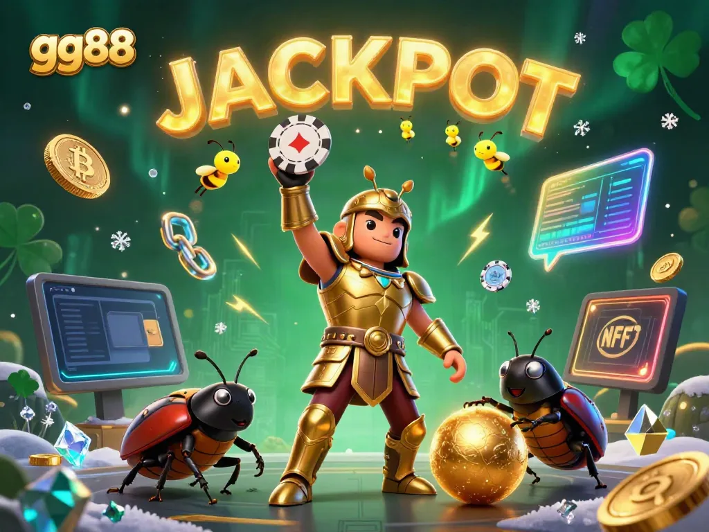 Celebrate with gg88 as a victorious hercules beetle lifts a poker chip, amidst vibrant casino elements and crypto theme.