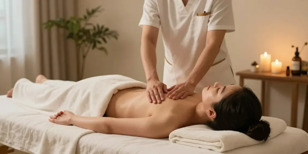 동대문출장안마 session, therapist providing a relaxing massage in a serene home setting.