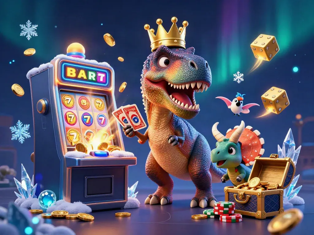 88abet showcases a cartoon dinosaur theme in a vibrant casino scene with slot machines and festive effects.