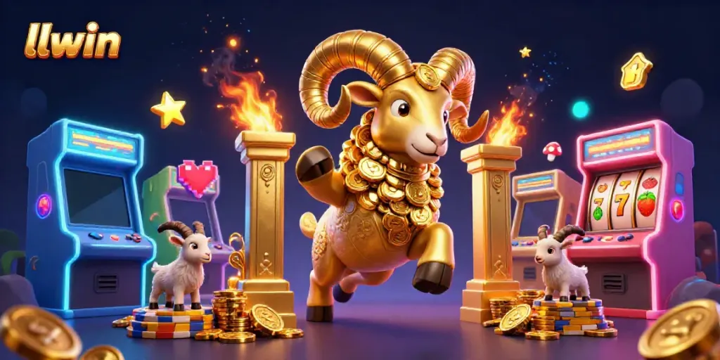 Experience llwin action with a mythical golden ram charging through vibrant casino elements.