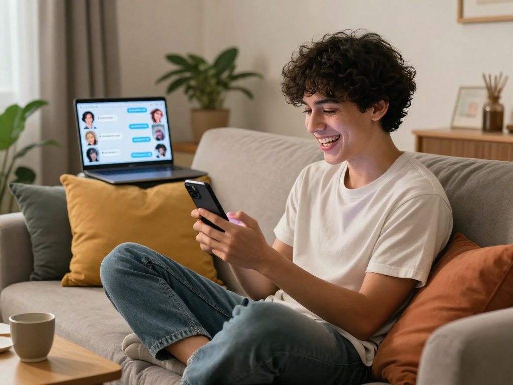 Person enjoying engaging ai sex chat on a smartphone in a cozy setting.