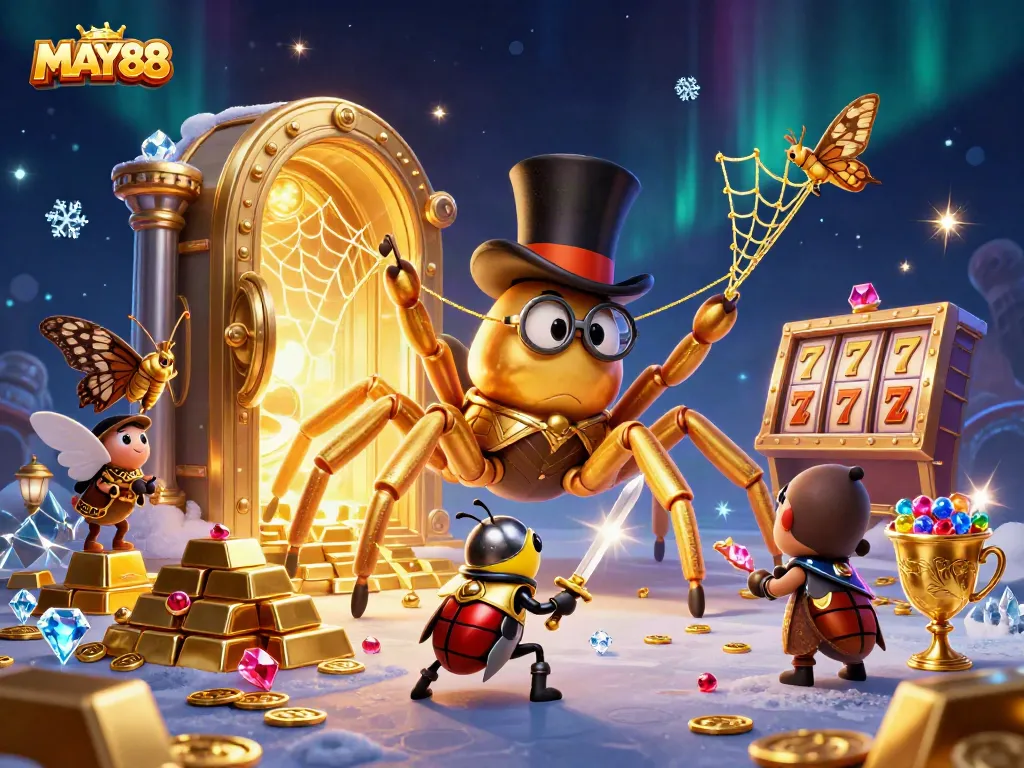 MAY88 welcomes players with a vibrant casino scene featuring golden treasures and lively characters.
