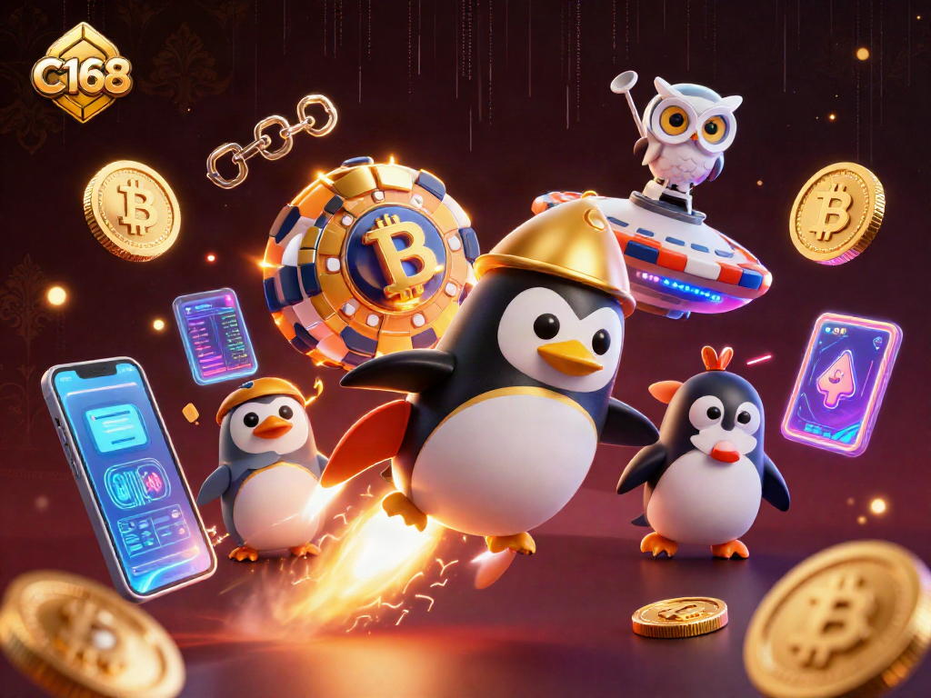 C168's golden penguin spaceship navigates a futuristic casino amidst swirling crypto elements