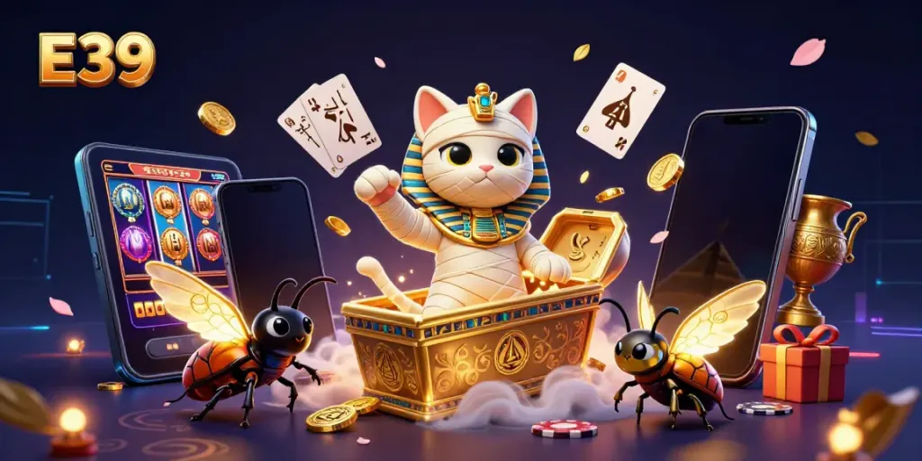 Engaging E39 gaming scene with a playful Egyptian mummy cat and vibrant casino elements bursting with excitement.