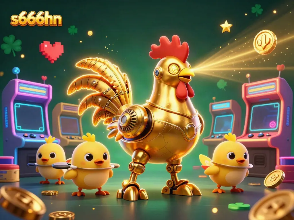 Engage in thrilling casino action with s666hn, featuring a golden rooster robot and gaming elements.