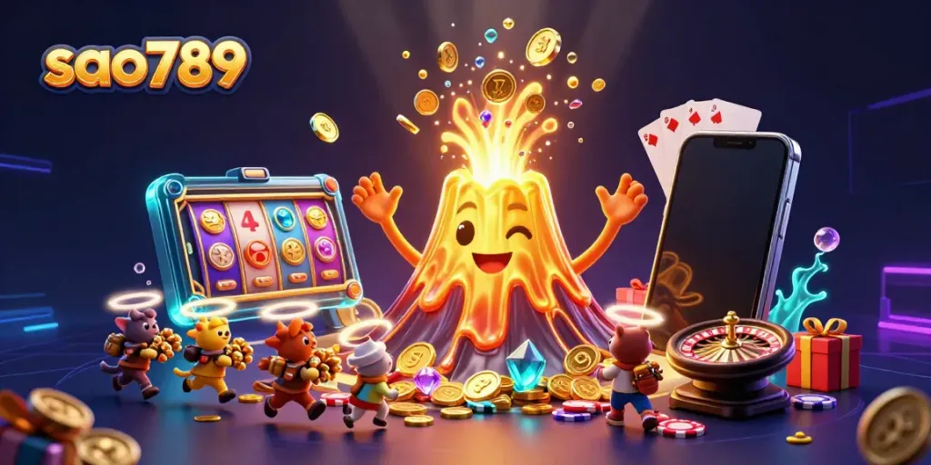 Experience exciting gameplay with sao789 featuring a vibrant illustration of a triumphant volcano erupting treasures in a colorful casino scene.