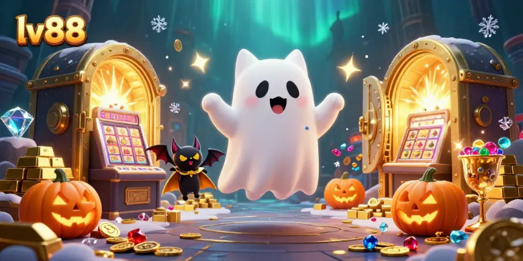 Explore thrilling jackpots with lv88 in a haunted casino scene filled with glimmering treasures and playful characters.