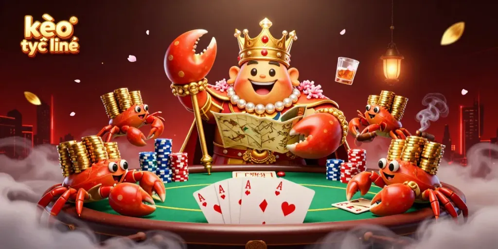 Engage with kèo trực tuyến as a golden crab emperor leads a vibrant poker showdown.