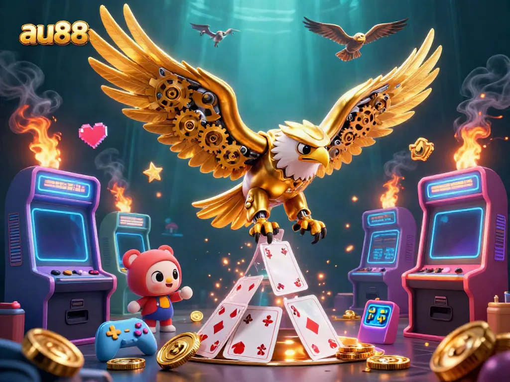 Experience exciting gaming at au88 with a dynamic 3D cybernetic eagle amidst glowing casino elements.