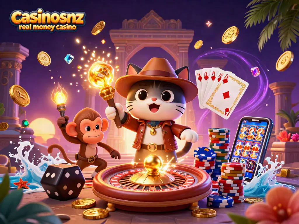 Engaging scene with casinosnz real money casino, featuring an explorer cat and a monkey with casino elements.