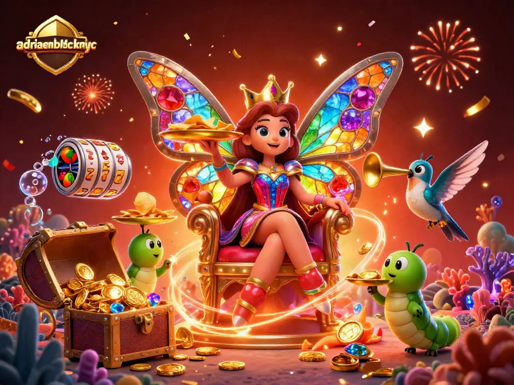 Engaging scene with adriaenblocknyc's butterfly queen in a vibrant 3D casino setting filled with colorful slots.
