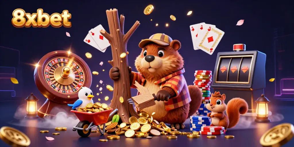 8xbet online casino features cartoon-style characters collecting coins while embodying excitement and entertainment.