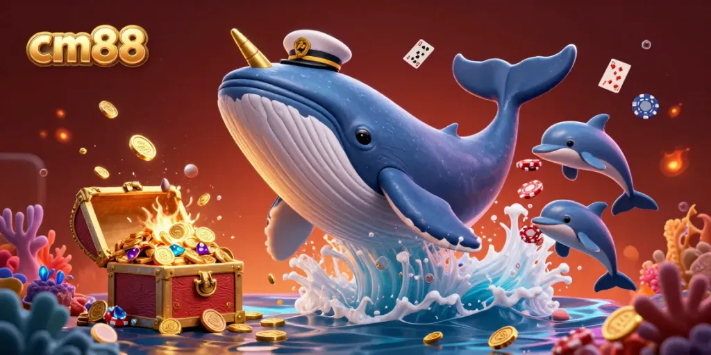 Engage with cm88's exciting gaming scene featuring a whimsical whale, playful dolphins, and vibrant treasures.