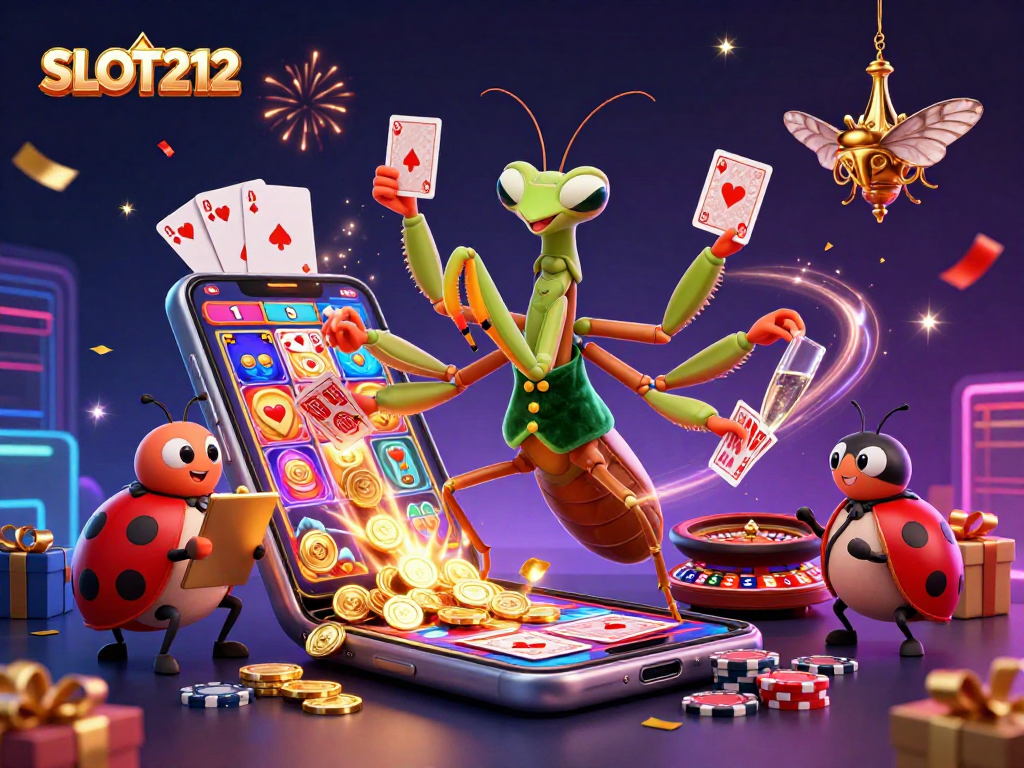 SLOT212 offers vibrant 3D illustration showing dynamic gambling action with a praying mantis dealer and immersive casino elements.