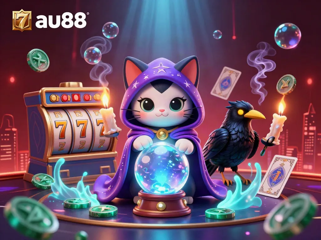 Experience the thrill of au88 casino games with a dynamic scene featuring a mystic cat, raven, and vibrant casino symbols.