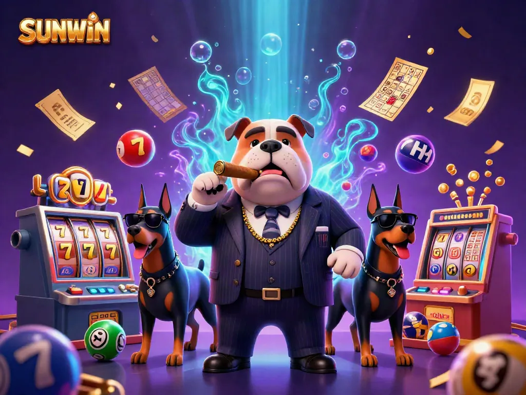 Engage with SUNWIN's vibrant gaming scene featuring a mafia bulldog boss amidst slot reels and lottery excitement.