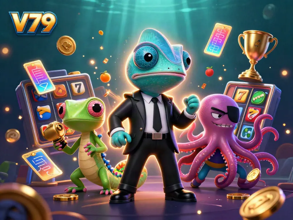 V79 casino illustration featuring a secret agent chameleon, a gadget gecko, and an octopus surrounded by slot game elements.