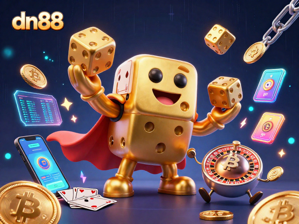 Unleash excitement with dn88 featuring golden dice golem and crypto elements in vibrant casino scene.