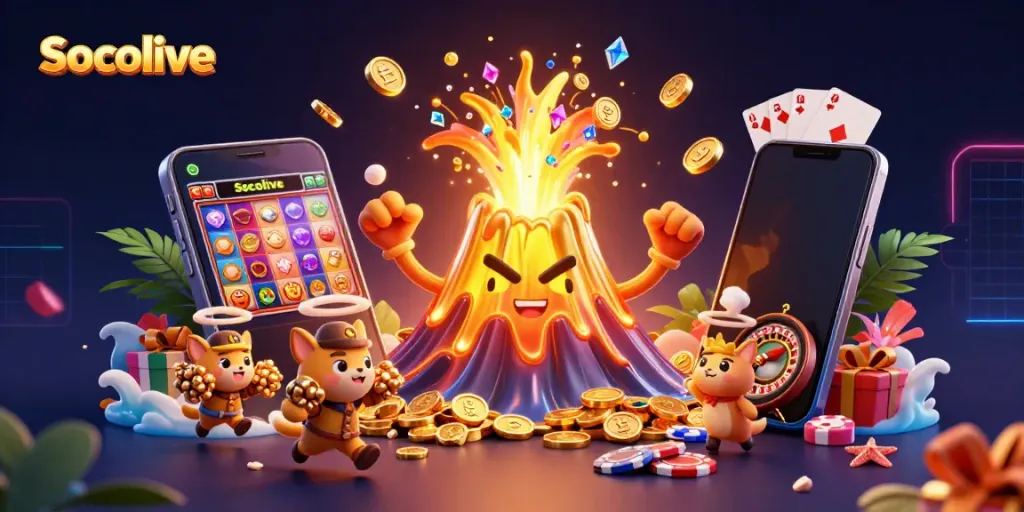Socolive showcases a vibrant 3D illustration featuring a golden volcano erupting coins, representing the thrill of gaming.