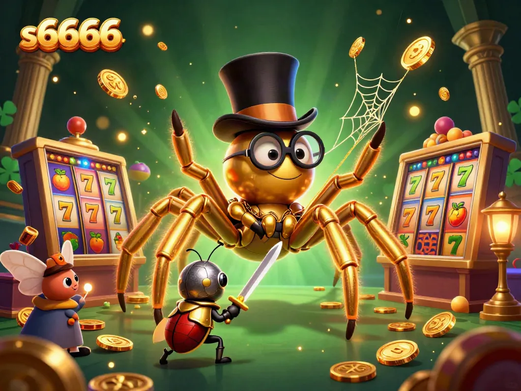 Experience thrilling gameplay at s6666 with a golden tarantula and beetle knight amidst vibrant casino elements.