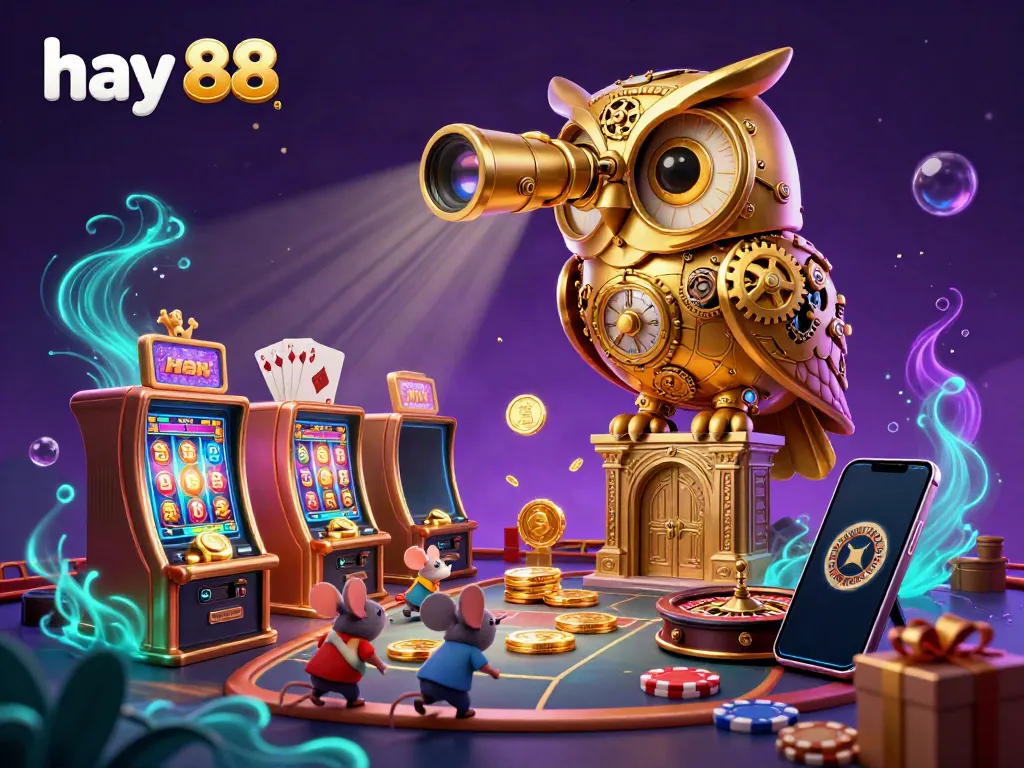Experience thrilling casino gaming with hay 88 featuring an enchanting 3D scene of an owl and mouse in a vibrant game environment.