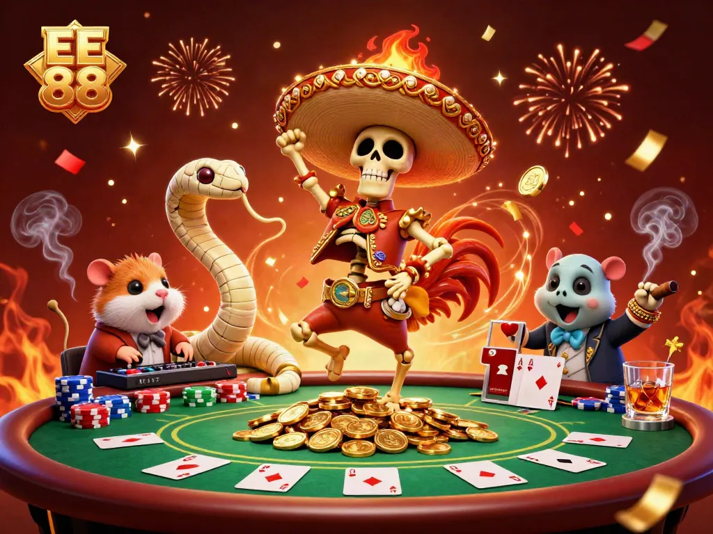 Engage in thrilling gameplay with EE 88's vibrant casino scene featuring dancing characters and poker elements.