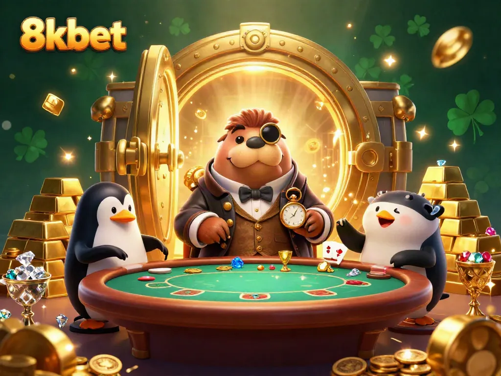 Experience thrilling poker action with 8xbet's animated characters in a vibrant casino scene.