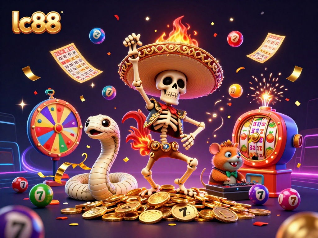 Experience the excitement of lc88 with a vibrant casino-themed scene featuring lottery balls, a dancing mariachi rooster, and festive elements.