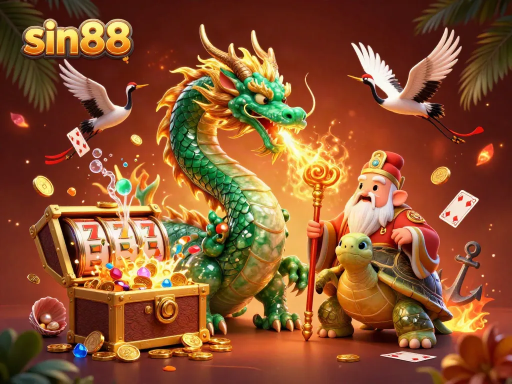Experience slots like never before at sin88, featuring a vibrant dragon and treasure.