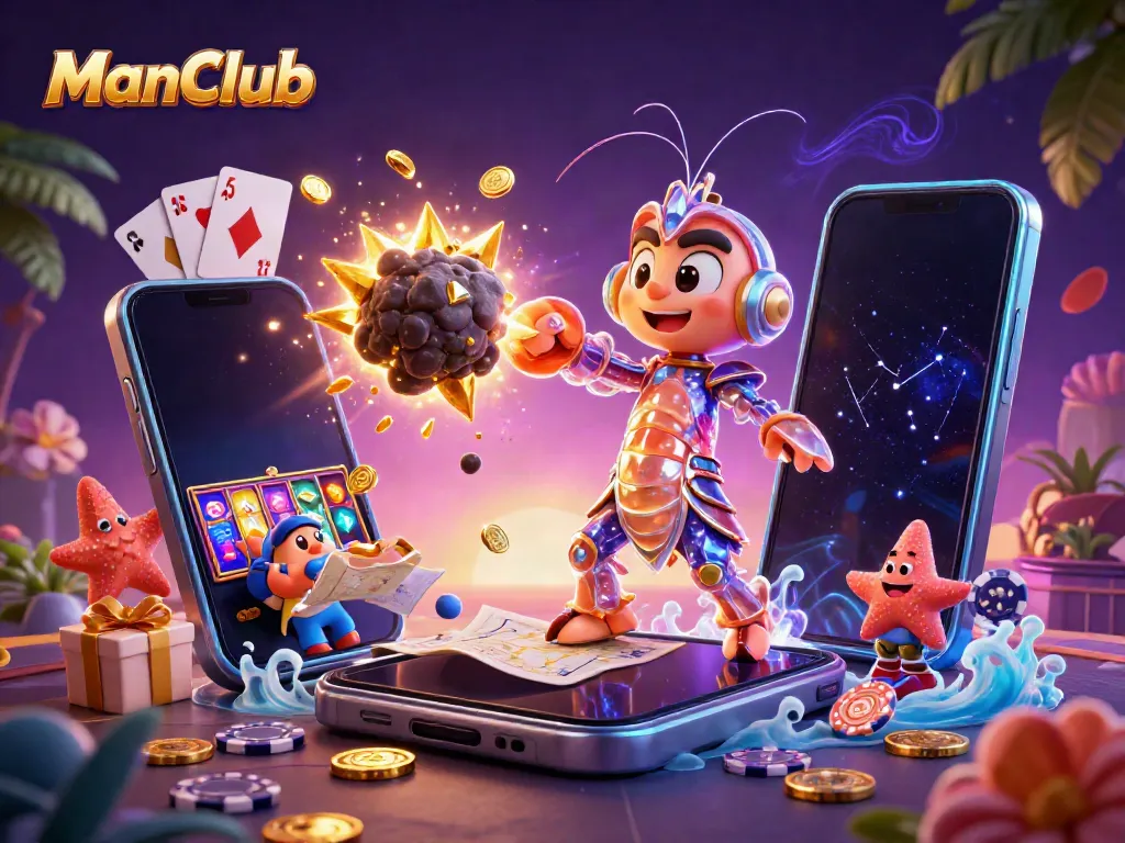 Engaging ManClub gaming scene with a 3D samurai mantis shrimp amidst dynamic casino elements.