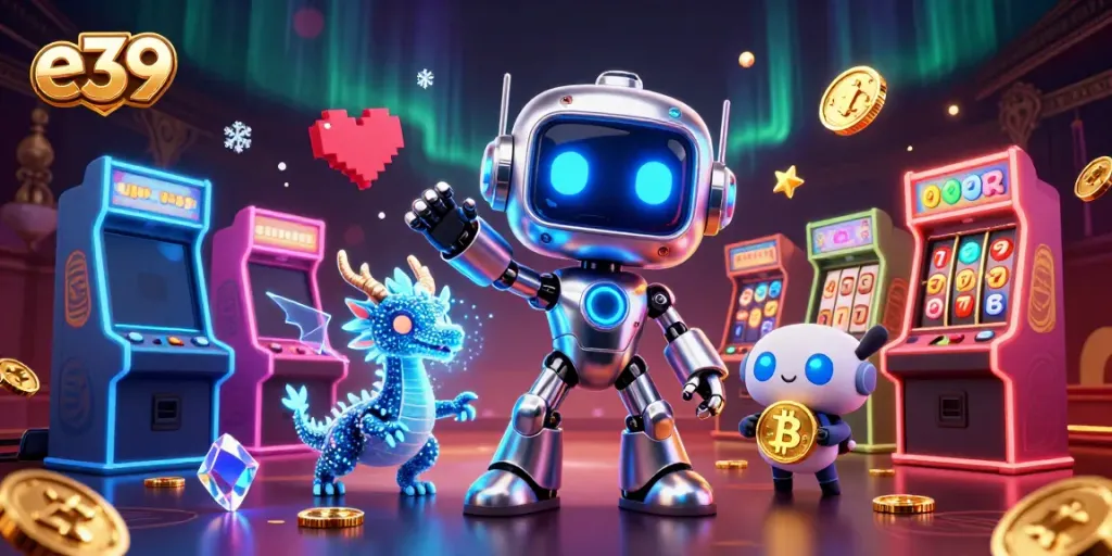 Play at e39 with a vibrant 3D illustration showcasing a cyberpunk robot, casino elements, and a bitcoin symbol.