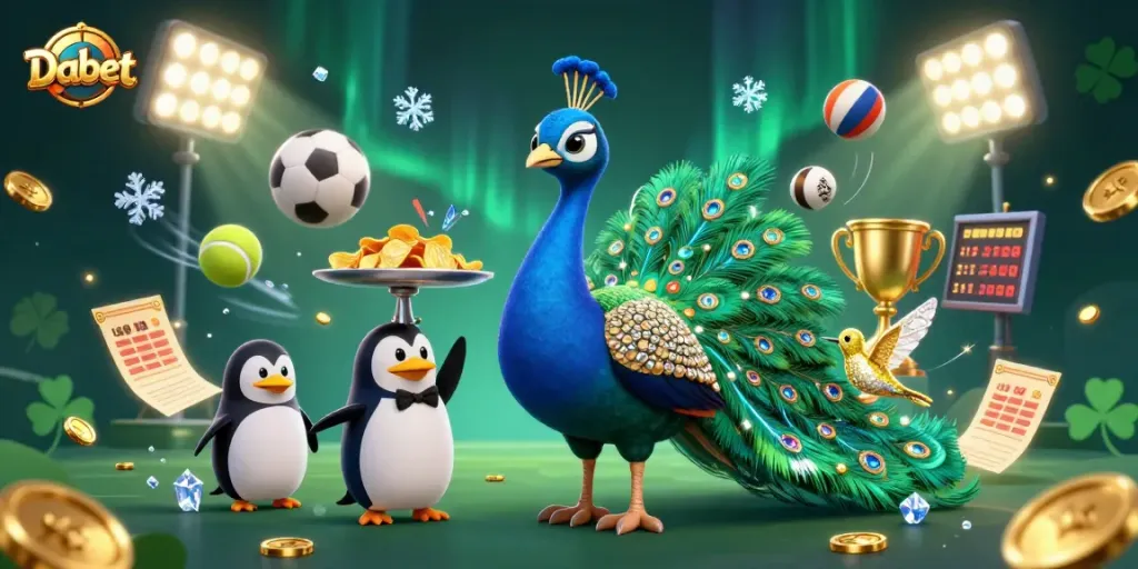 Win with Dabet in this dynamic casino scene featuring vibrant sports betting elements.