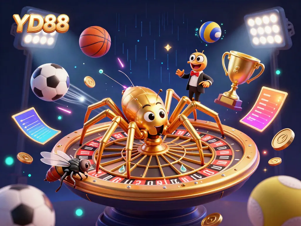 YD88 engages players with a vibrant 3D illustration of a betting scene involving a spider croupier and sports elements.