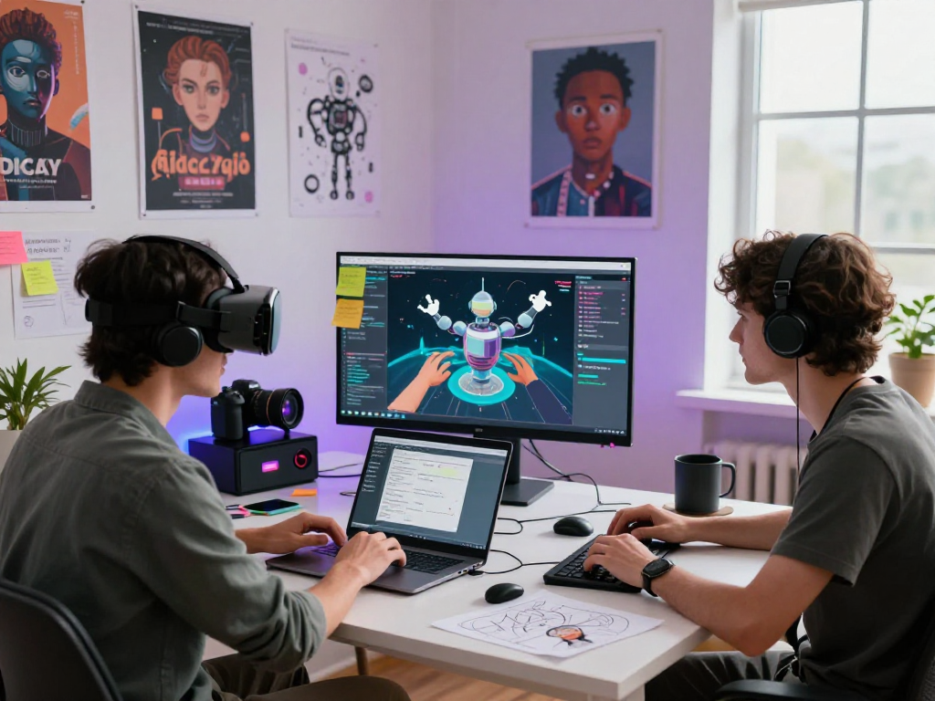 Engaged participants in ai roleplay within a modern creative workspace.