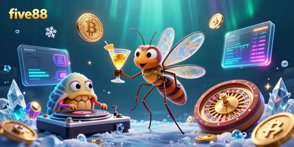 Experience the thrilling world of five88 with a vibrant 3D casino scene featuring unique characters and elements.