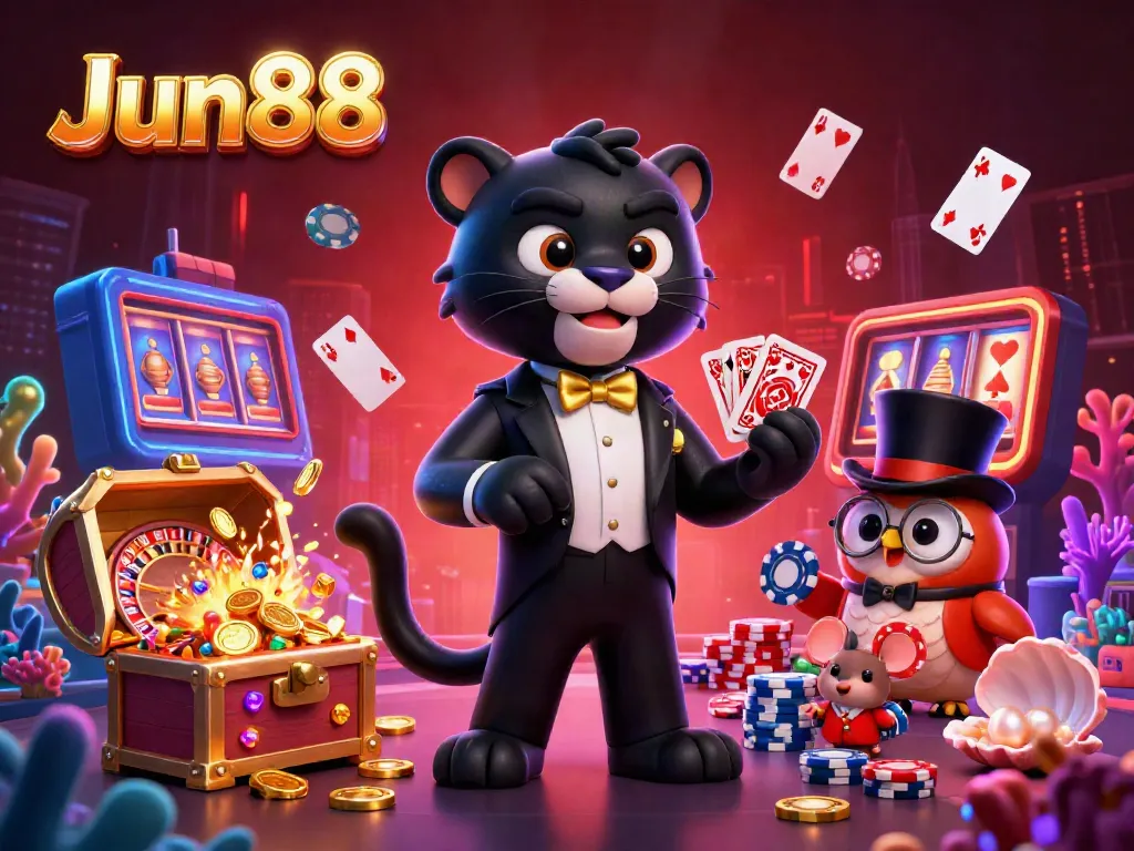 Engaging Jun88 casino scene with lucky characters and vibrant gaming elements