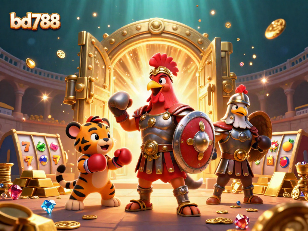 Experience thrill and victory with bd788 in an exciting casino illustration featuring animated game elements.