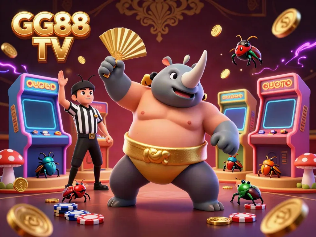 Experience the excitement of GG88 TV with a vibrant 3D casino illustration featuring engaging characters and dynamic game elements.