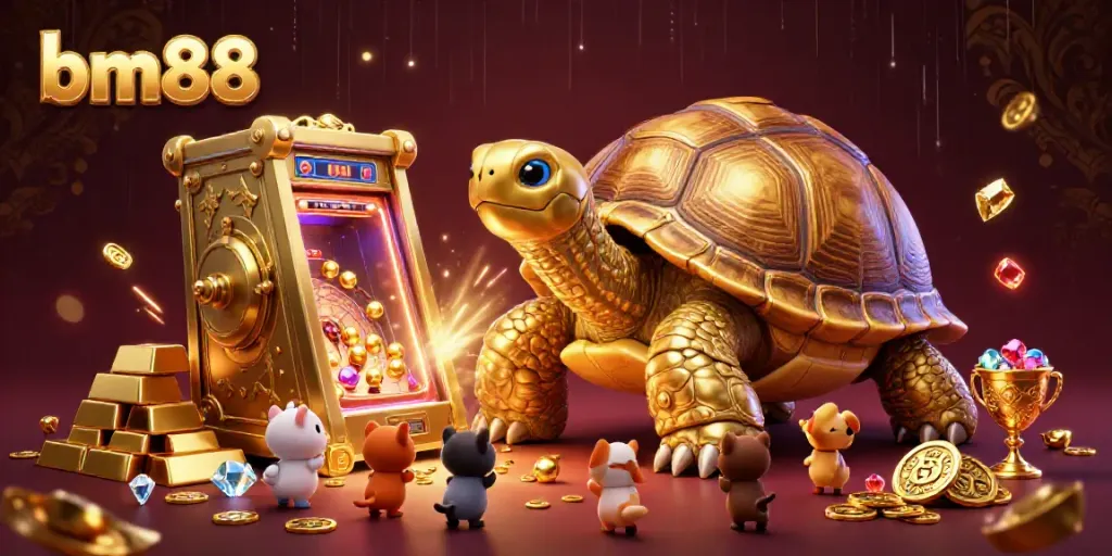 Experience the excitement of gaming at bm88 with vibrant golden treasures and an interactive pinball tortoise.