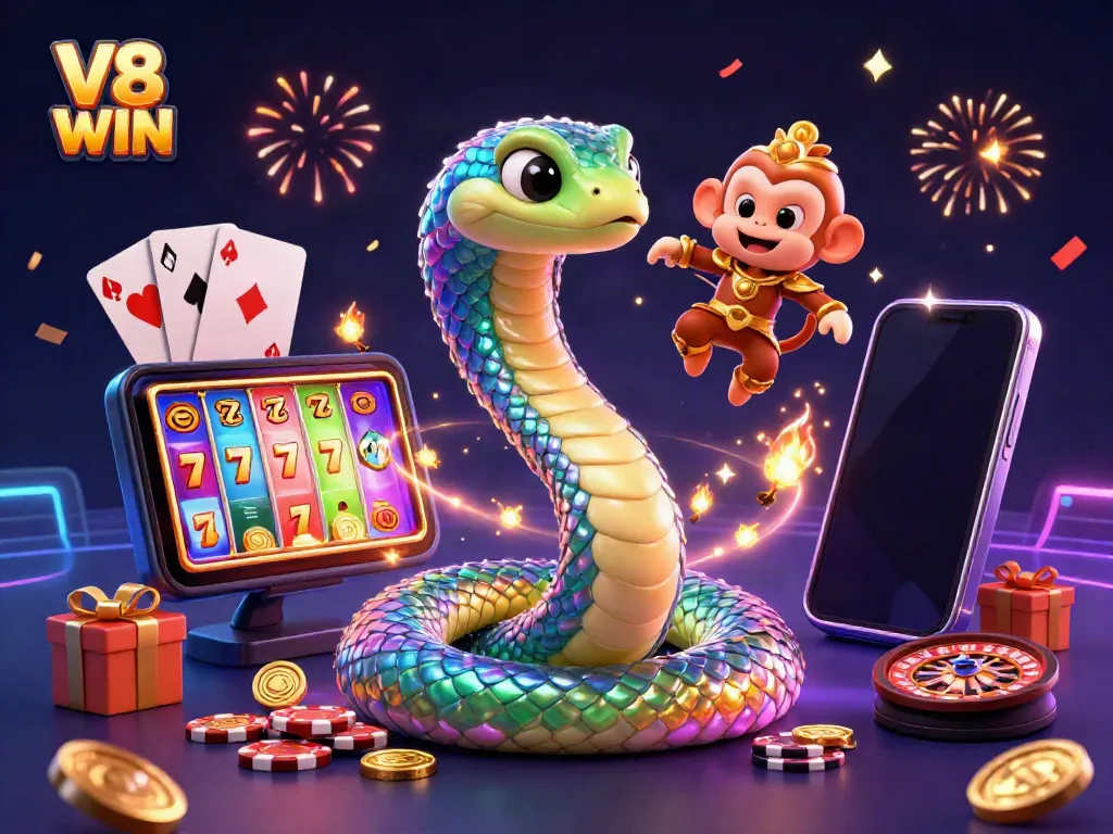 Experience vibrant gaming excitement with V8 WIN, showcasing colorful slot games and playful characters.